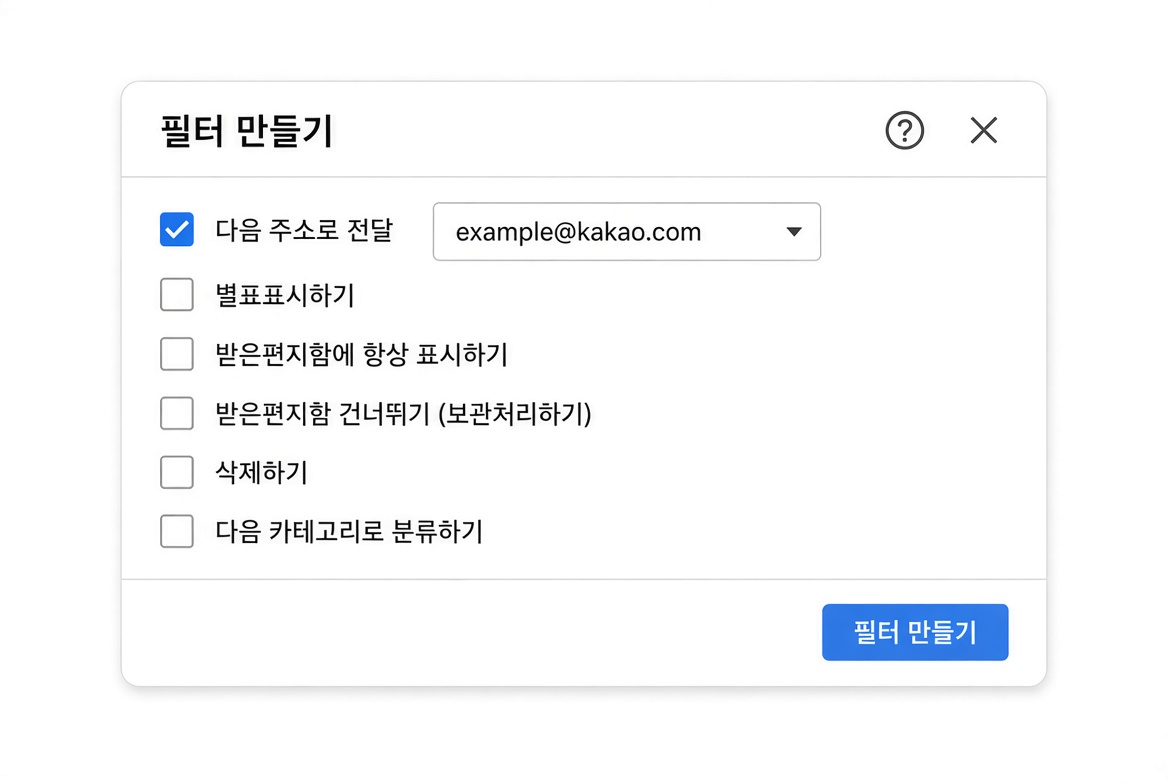 「다음 주소로 전달」만 체크 · 카카오 주소 선택 · 받은편지함 건너뛰기·삭제는 끄기